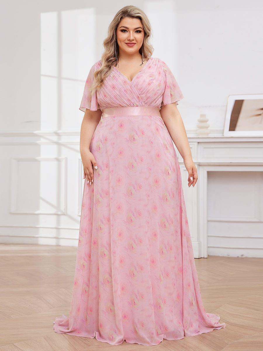 Plus Size Long Empire Waist Evening Dress With Short Flutter Sleeves #color_Light Purple Roses