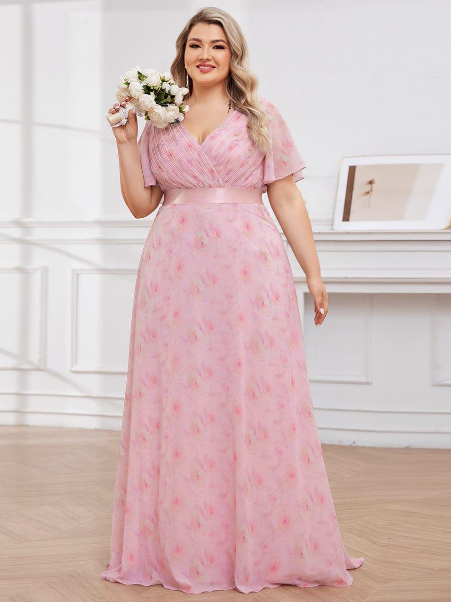 Plus Size Long Empire Waist Evening Dress With Short Flutter Sleeves #color_Light Purple Roses