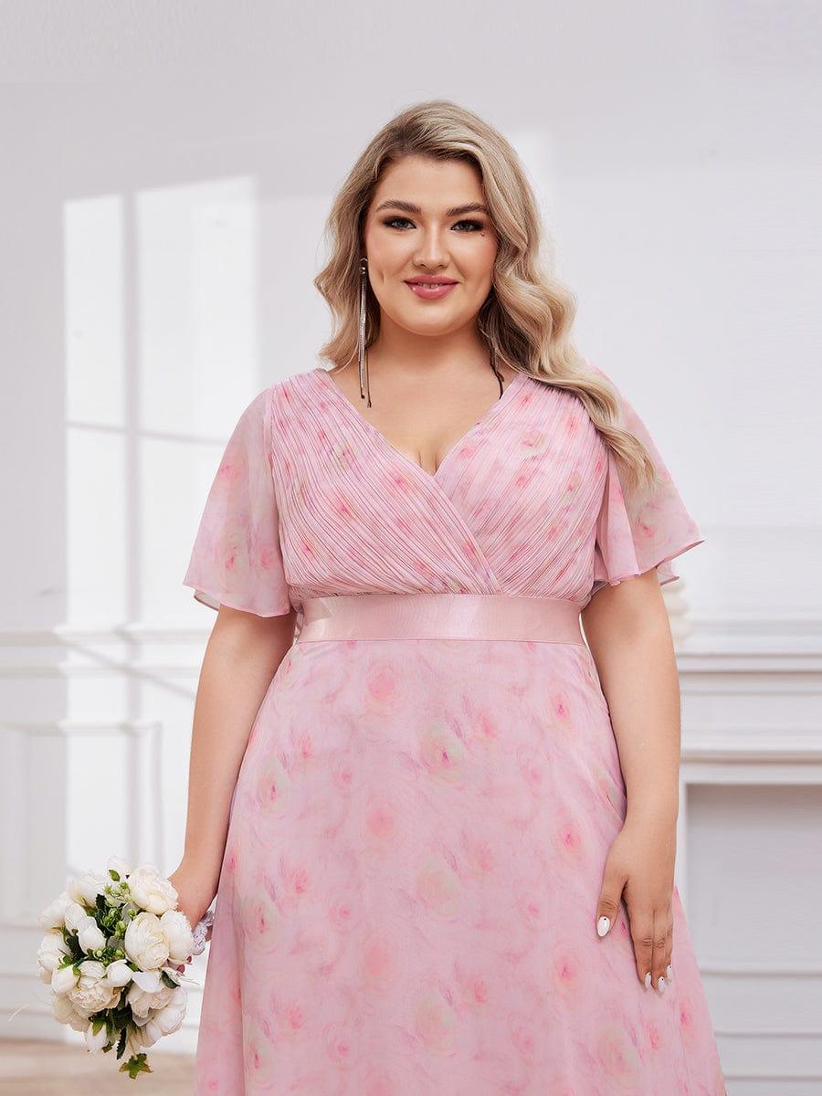 Long Empire Waist Evening Dress with Short Flutter Sleeves #color_Light Purple Roses