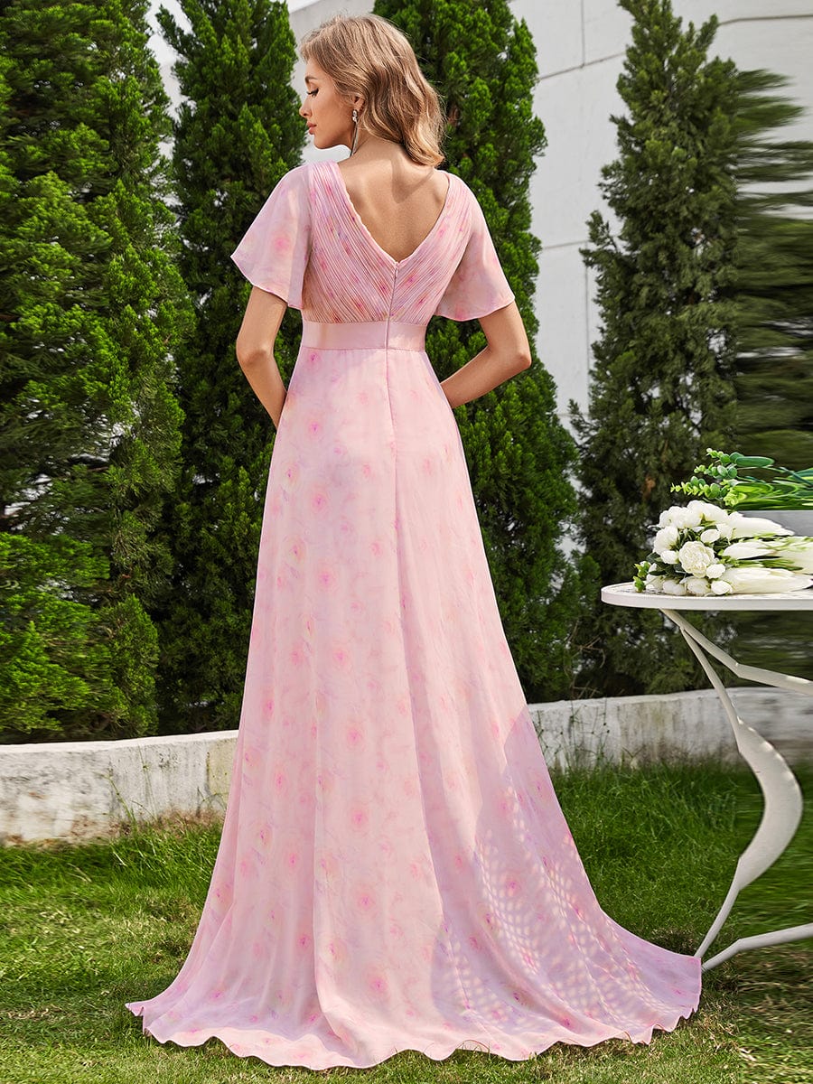 Long Empire Waist Evening Dress with Short Flutter Sleeves #color_Light Purple Roses