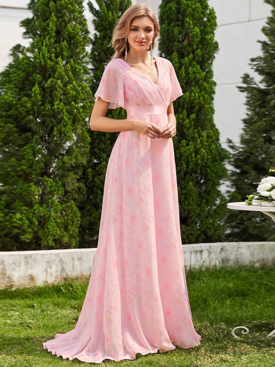 Long Chiffon Empire Waist Bridesmaid Dress with Short Flutter Sleeves #color_Light Purple Roses