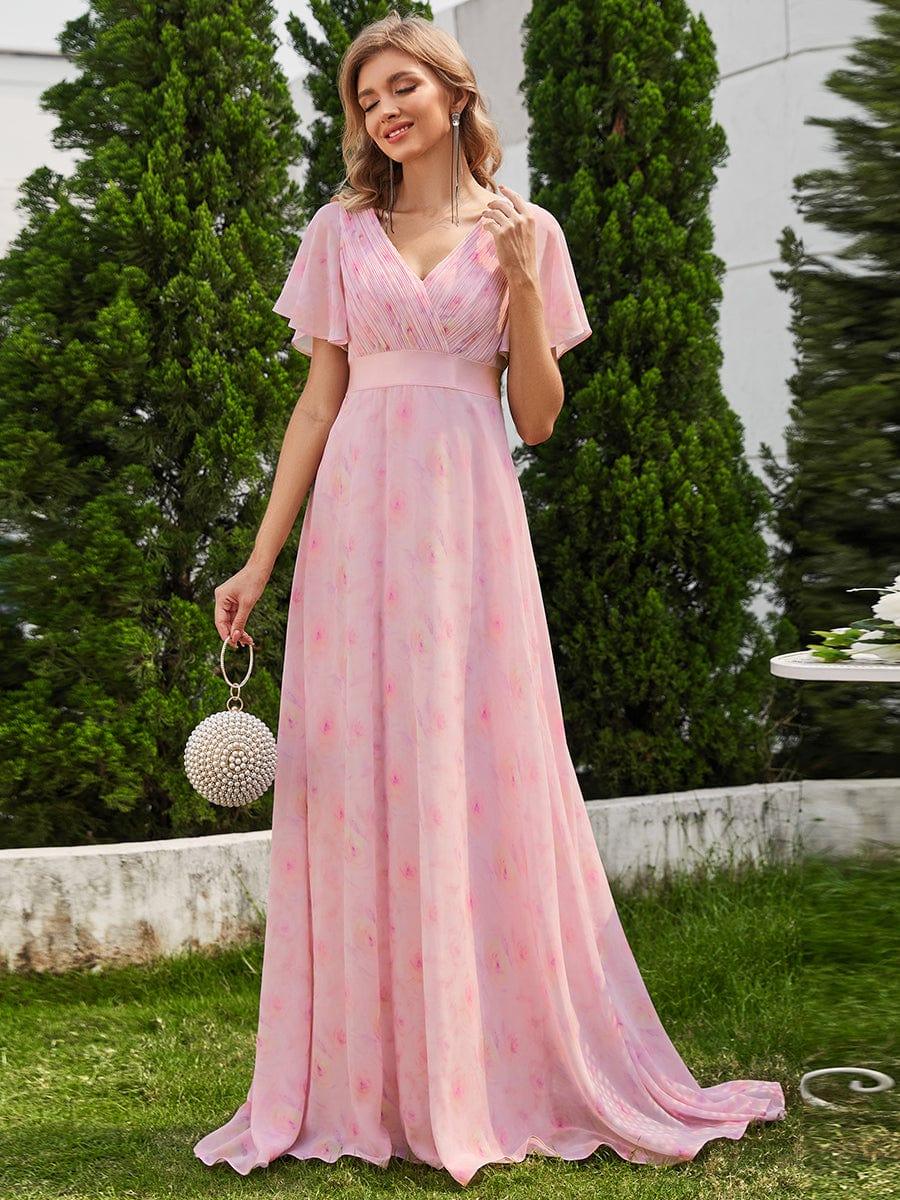 Long Empire Waist Evening Dress with Short Flutter Sleeves #color_Light Purple Roses