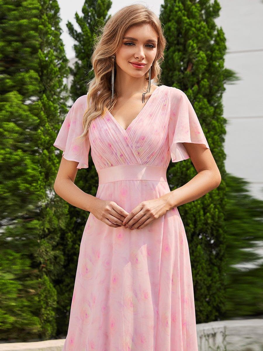 Long Chiffon Empire Waist Bridesmaid Dress with Short Flutter Sleeves #color_Light Purple Roses