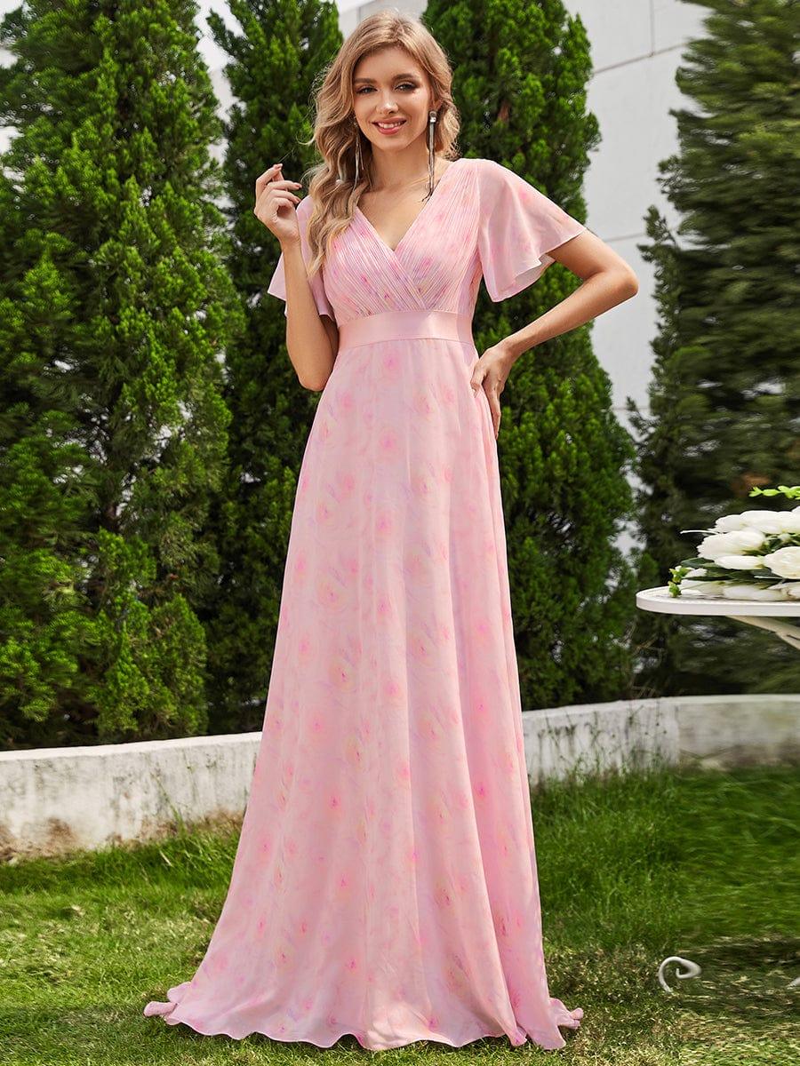 Long Chiffon Empire Waist Bridesmaid Dress with Short Flutter Sleeves #color_Light Purple Roses