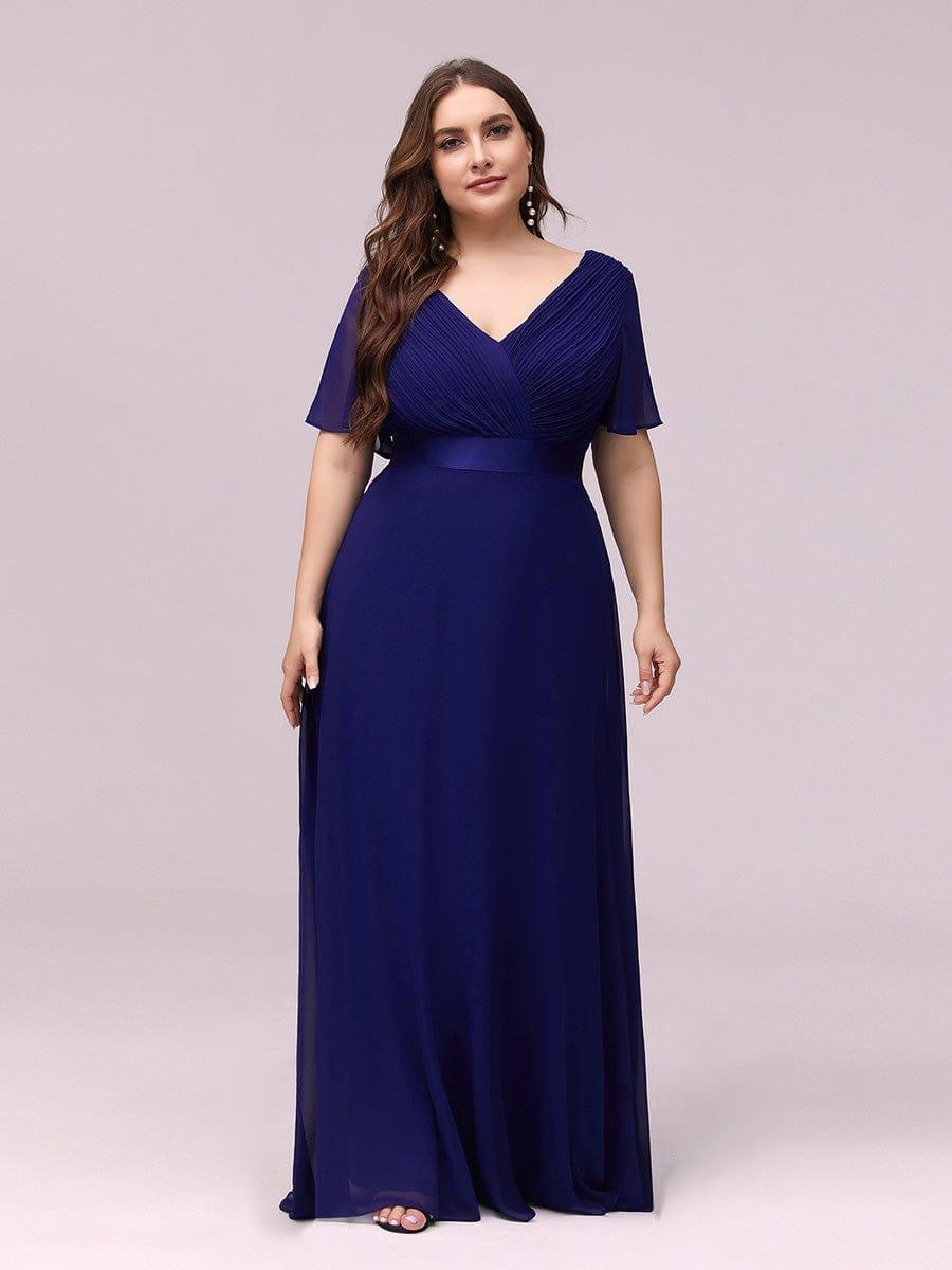 Plus Size Long Empire Waist Evening Dress With Short Flutter Sleeves #color_Royal Blue