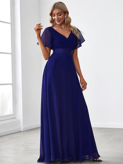 Long Chiffon Empire Waist Bridesmaid Dress with Short Flutter Sleeves #color_Royal Blue