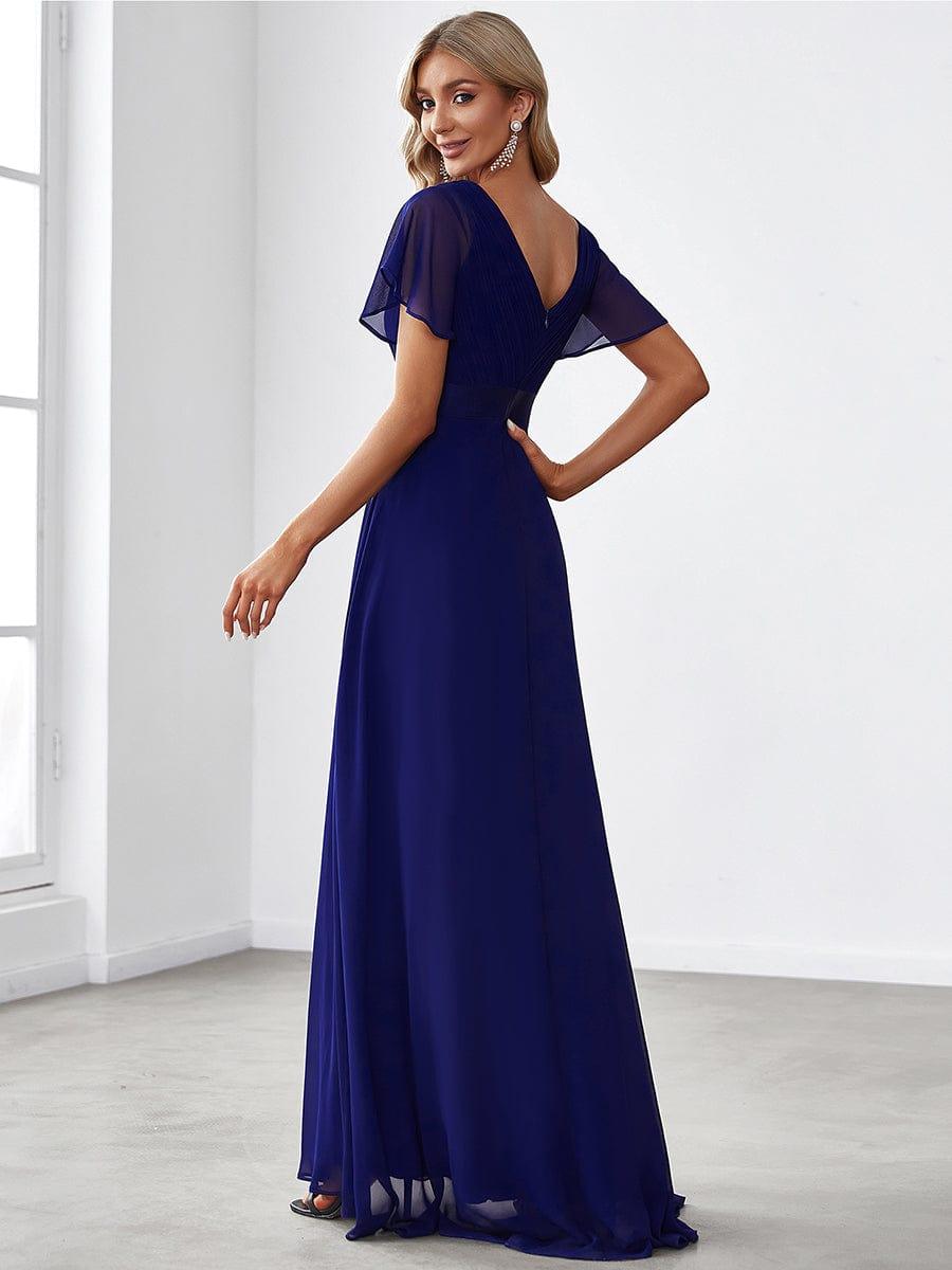 Long Chiffon Empire Waist Bridesmaid Dress with Short Flutter Sleeves #color_Royal Blue