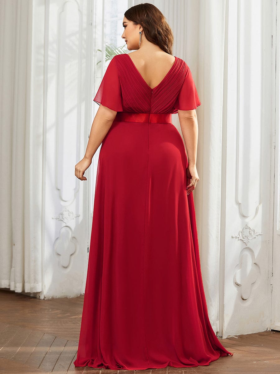 Plus Size Long Empire Waist Evening Dress With Short Flutter Sleeves #color_Red