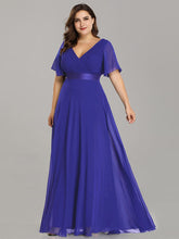 Plus Size Long Empire Waist Evening Dress With Short Flutter Sleeves #color_Sapphire Blue