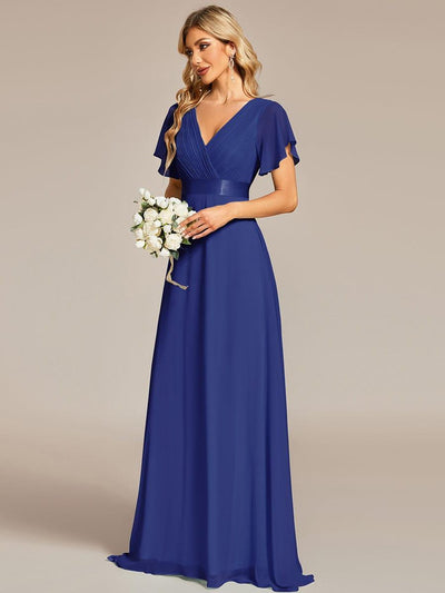 Long Chiffon Empire Waist Bridesmaid Dress with Short Flutter Sleeves #color_Sapphire Blue