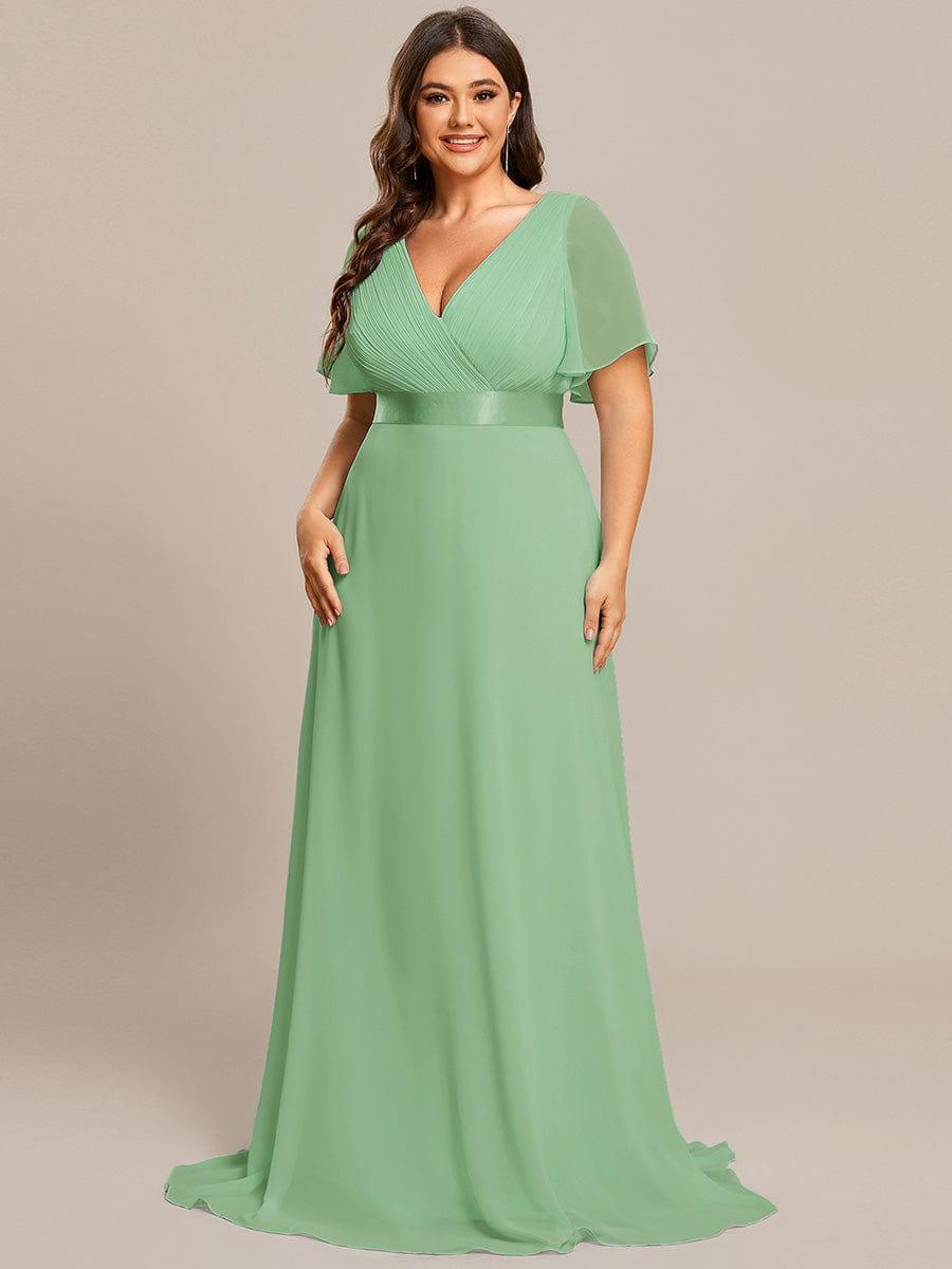 Plus Size Long Empire Waist Evening Dress With Short Flutter Sleeves #color_Sage green