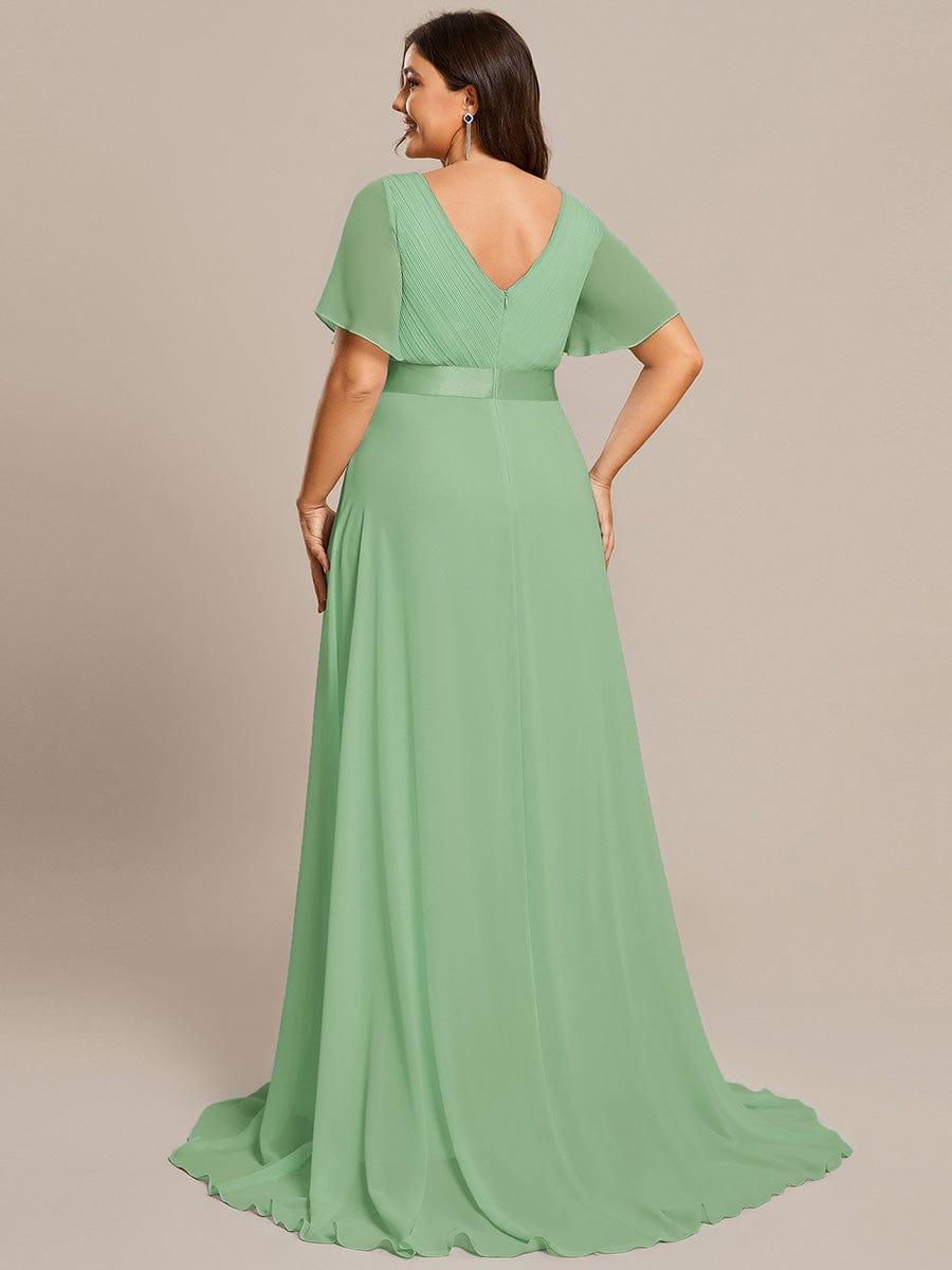 Plus Size Long Empire Waist Evening Dress With Short Flutter Sleeves #color_Sage green