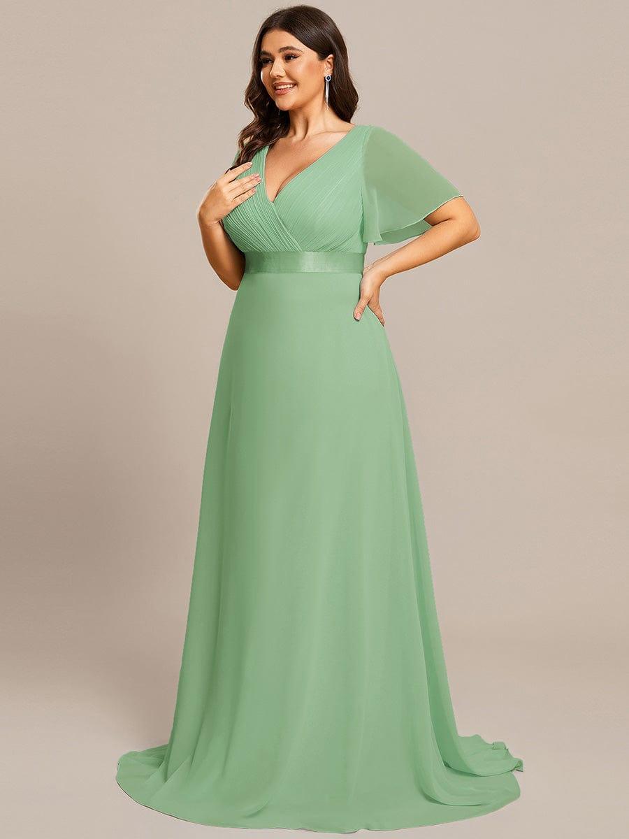 Plus Size Long Empire Waist Evening Dress With Short Flutter Sleeves #color_Sage green