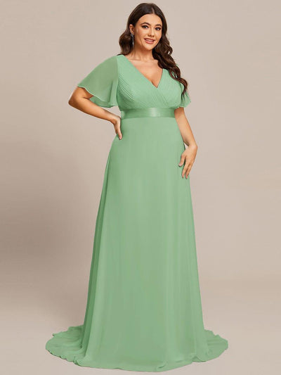 Plus Size Long Empire Waist Evening Dress With Short Flutter Sleeves #color_Sage green