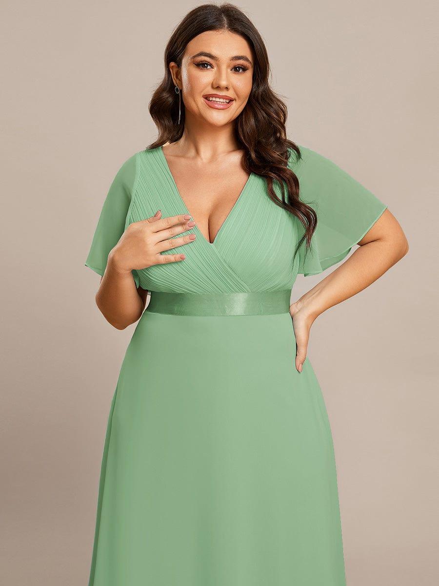 Plus Size Long Empire Waist Evening Dress With Short Flutter Sleeves #color_Sage green