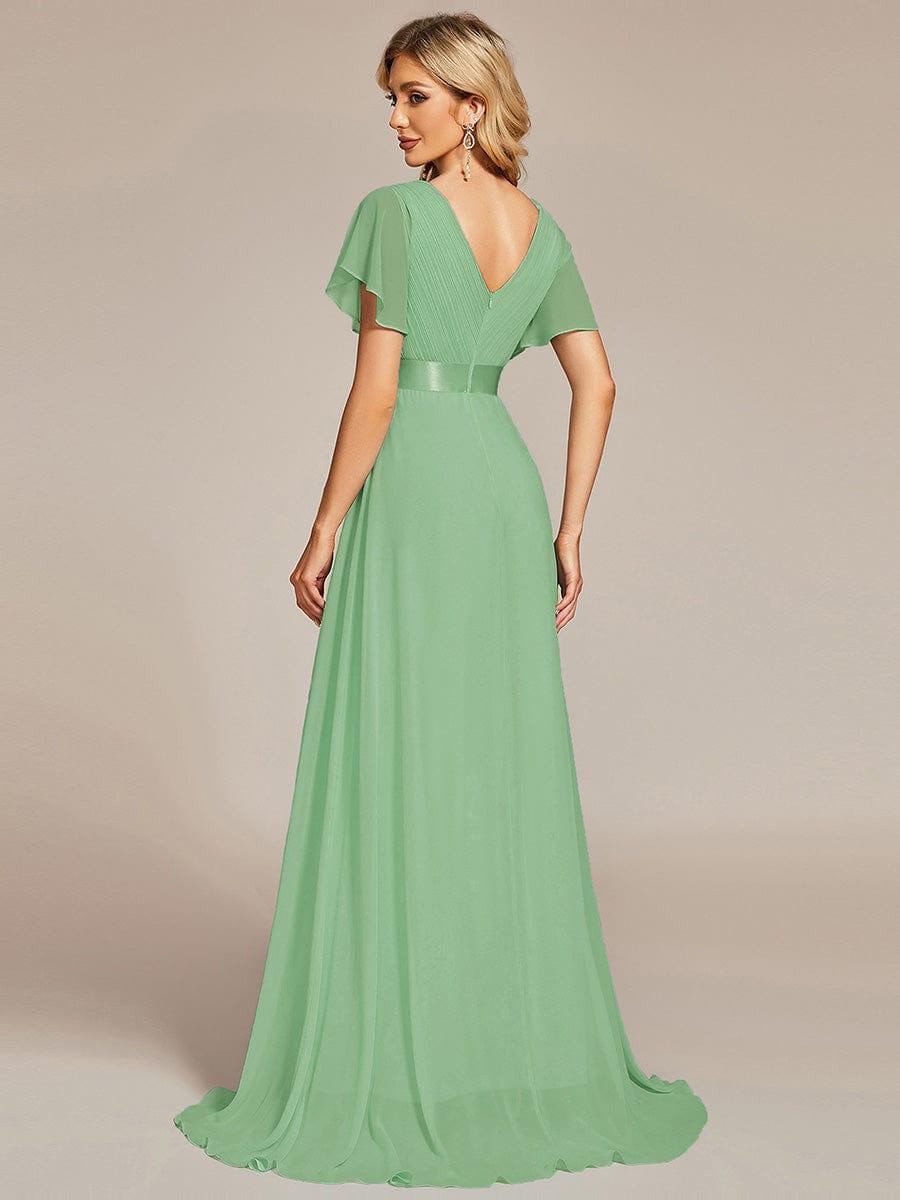 Long Chiffon Empire Waist Bridesmaid Dress with Short Flutter Sleeves #color_Sage green
