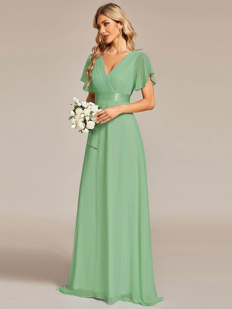 Long Chiffon Empire Waist Bridesmaid Dress with Short Flutter Sleeves #color_Sage green