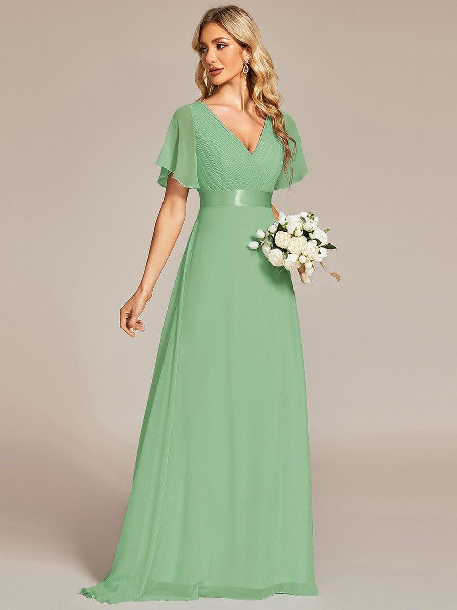Long Chiffon Empire Waist Bridesmaid Dress with Short Flutter Sleeves #color_Sage green