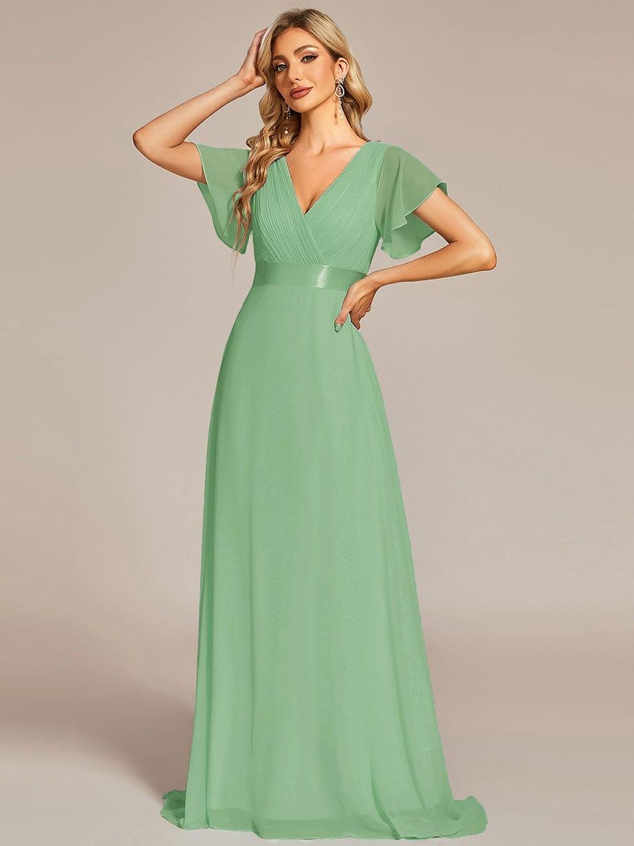 Long Chiffon Empire Waist Bridesmaid Dress with Short Flutter Sleeves #color_Sage green