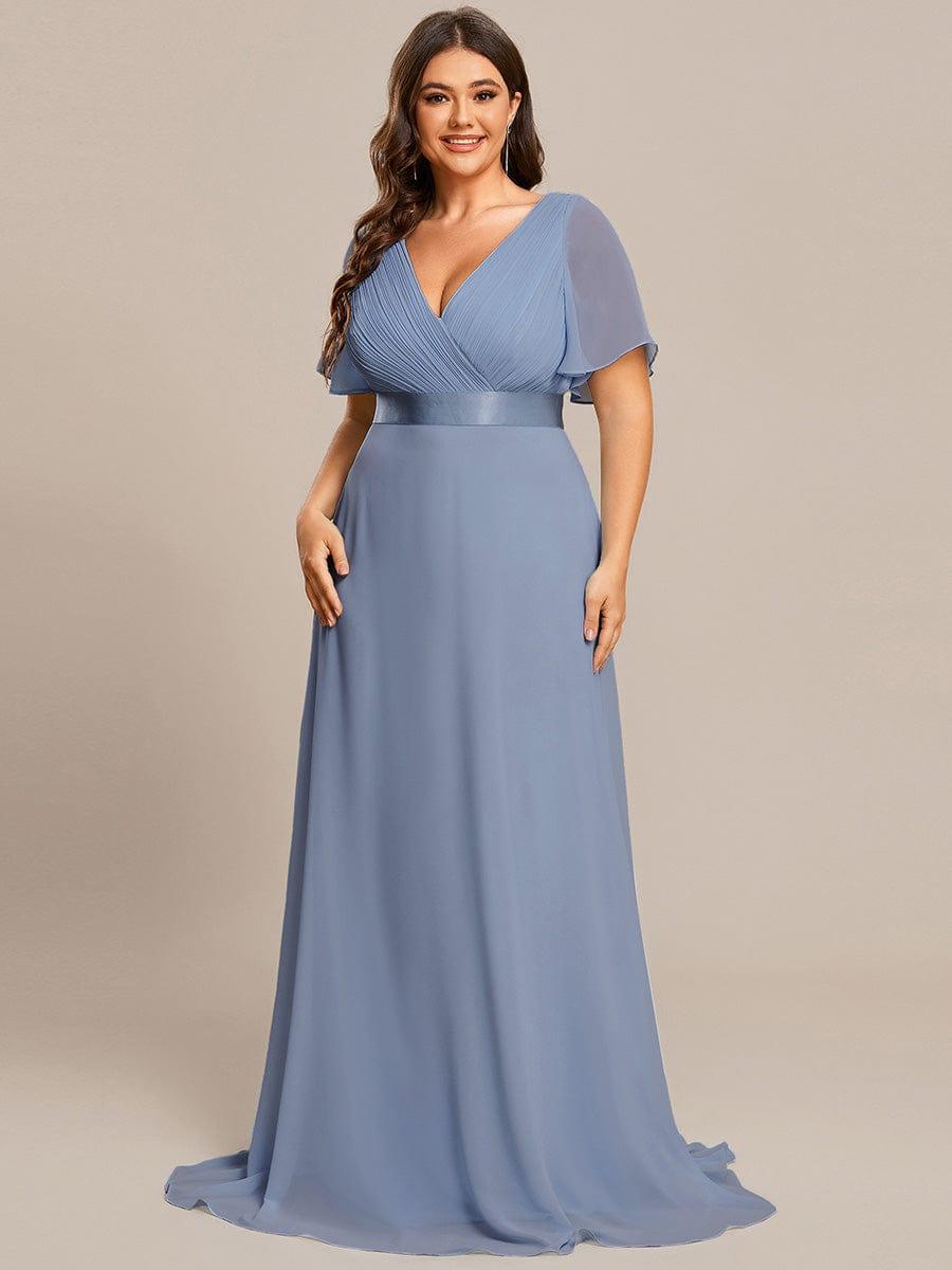 Plus Size Long Empire Waist Evening Dress With Short Flutter Sleeves #color_Slate Blue