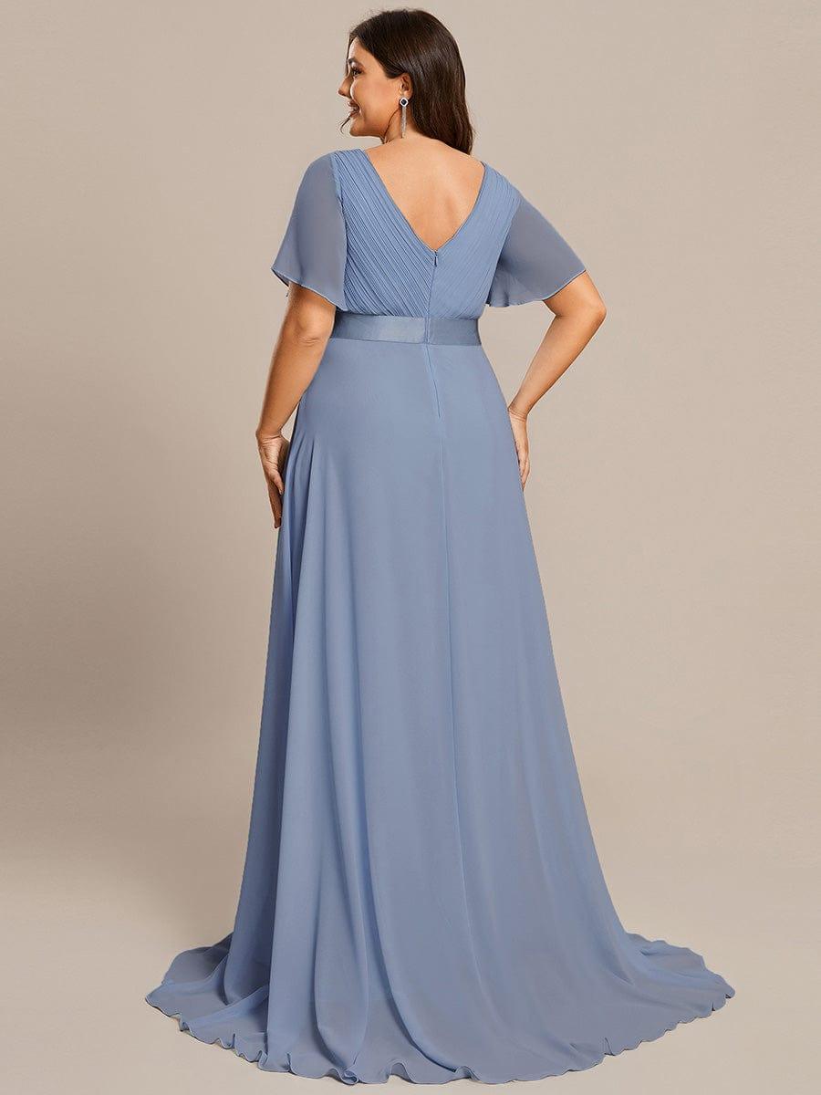 Plus Size Long Empire Waist Evening Dress With Short Flutter Sleeves #color_Slate Blue