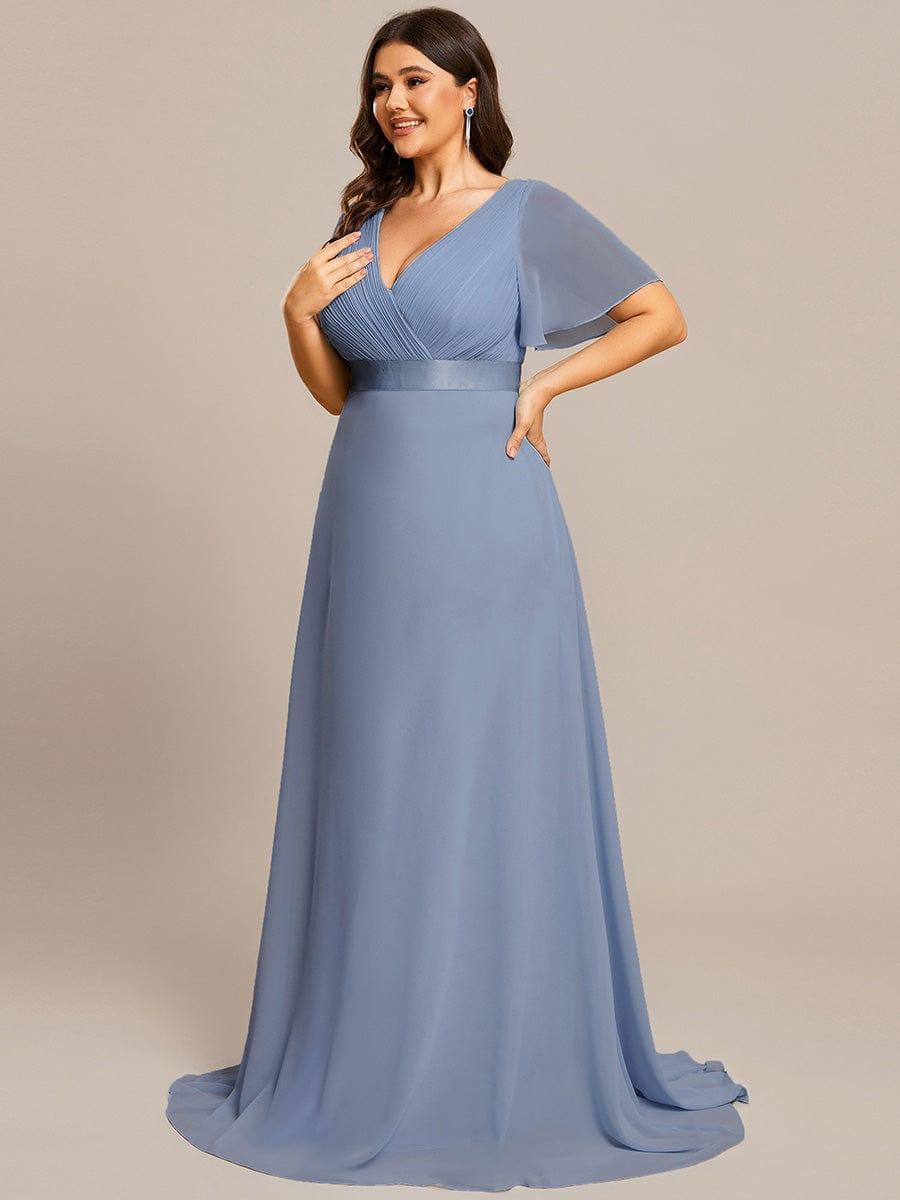 Plus Size Long Empire Waist Evening Dress With Short Flutter Sleeves #color_Slate Blue