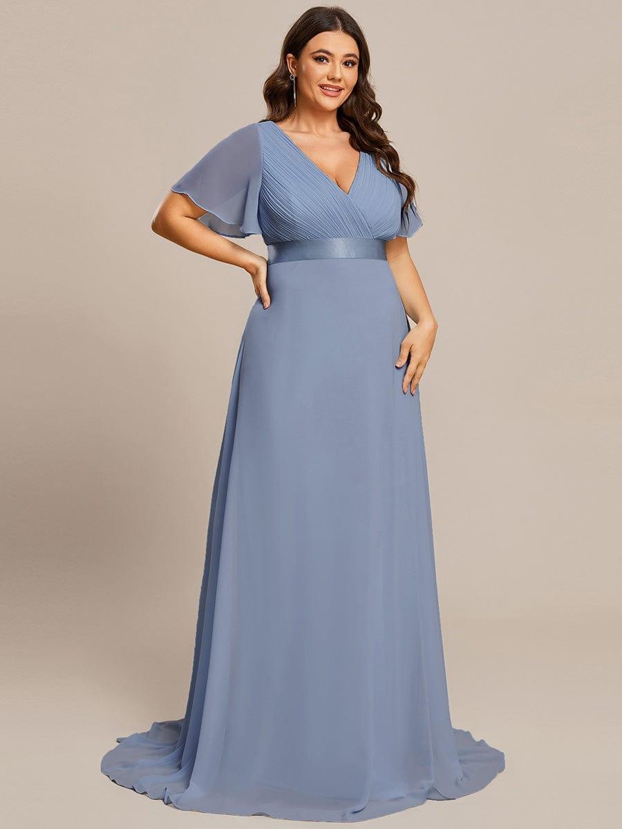 Long Empire Waist Evening Dress with Short Flutter Sleeves #color_Slate Blue
