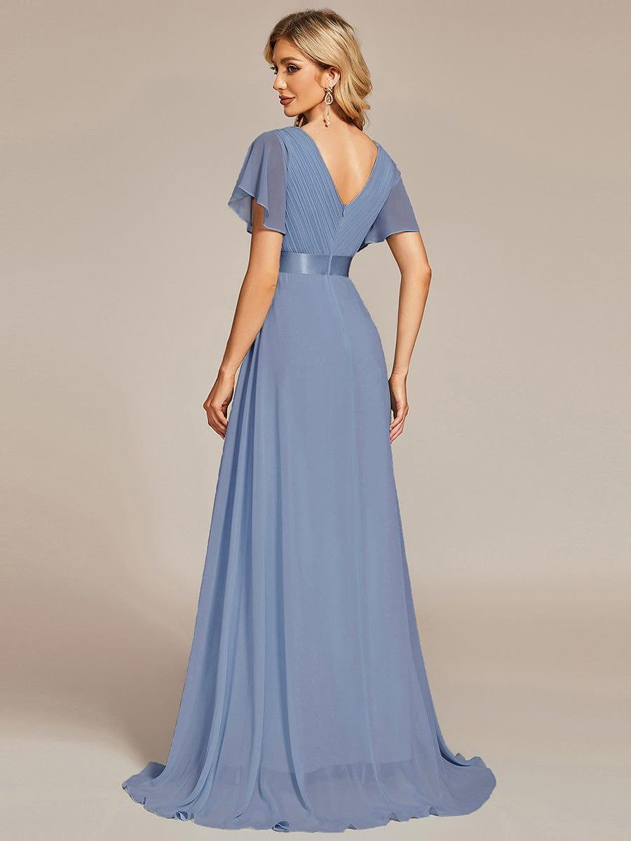 Long Chiffon Empire Waist Bridesmaid Dress with Short Flutter Sleeves #color_Slate Blue