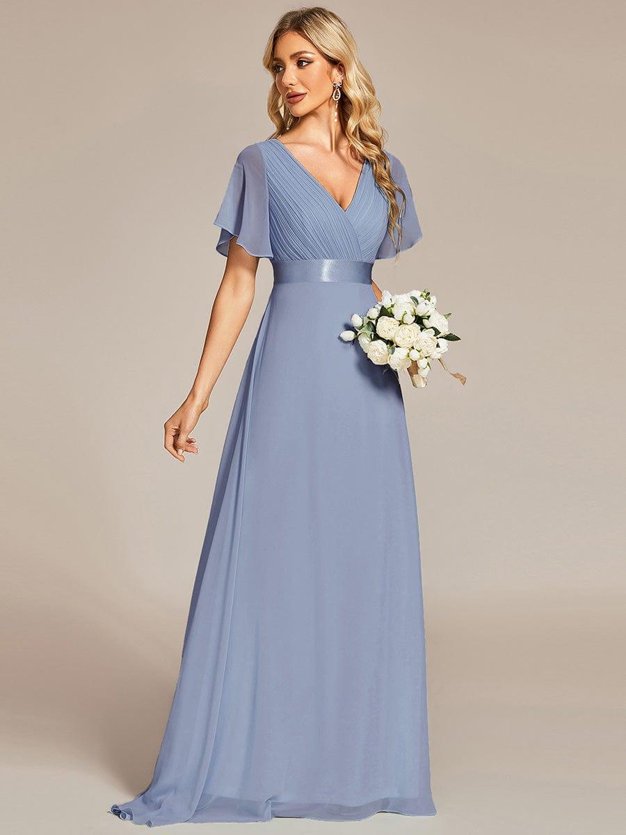 Long Chiffon Empire Waist Bridesmaid Dress with Short Flutter Sleeves #color_Slate Blue