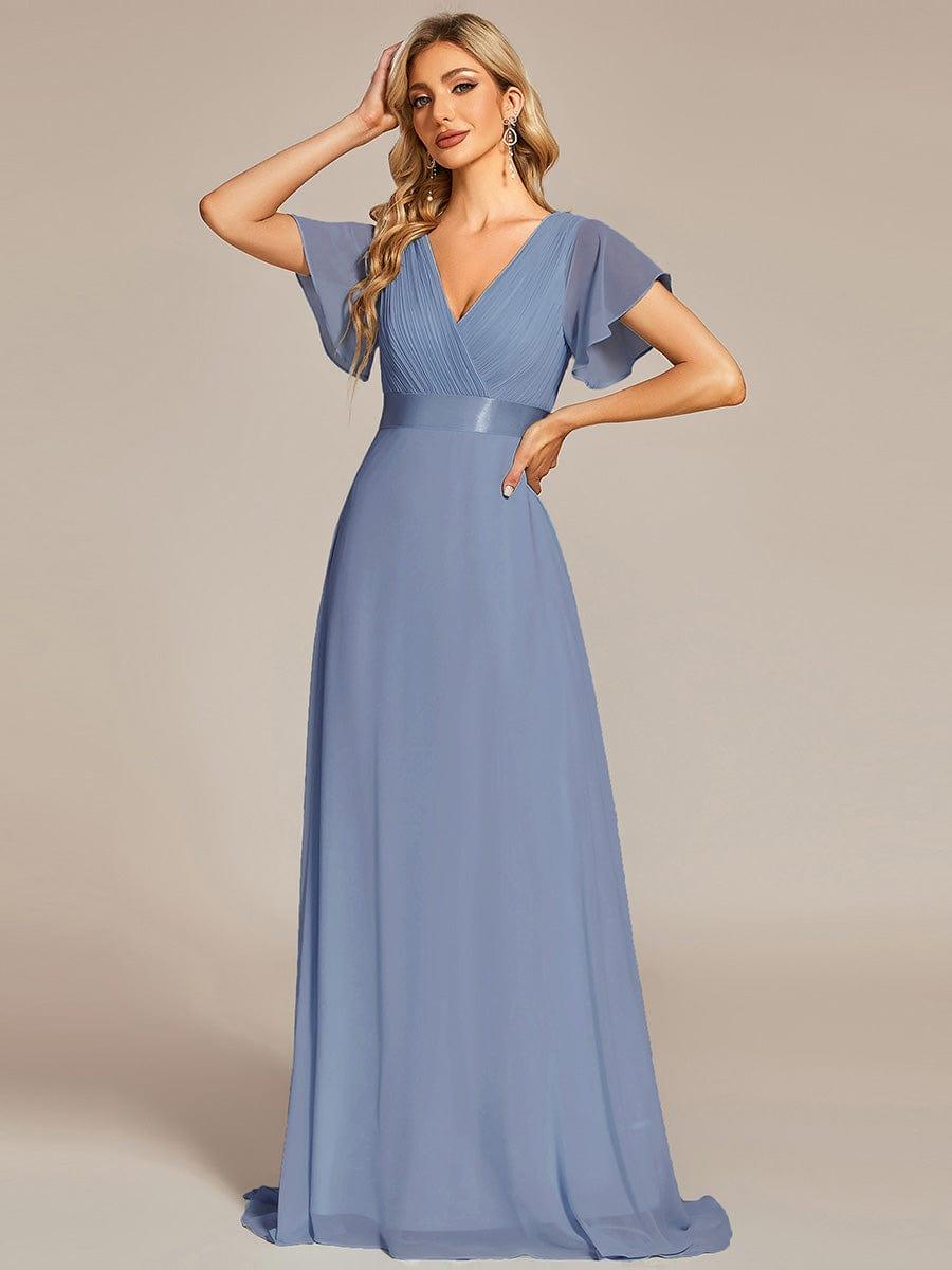 Long Chiffon Empire Waist Bridesmaid Dress with Short Flutter Sleeves #color_Slate Blue
