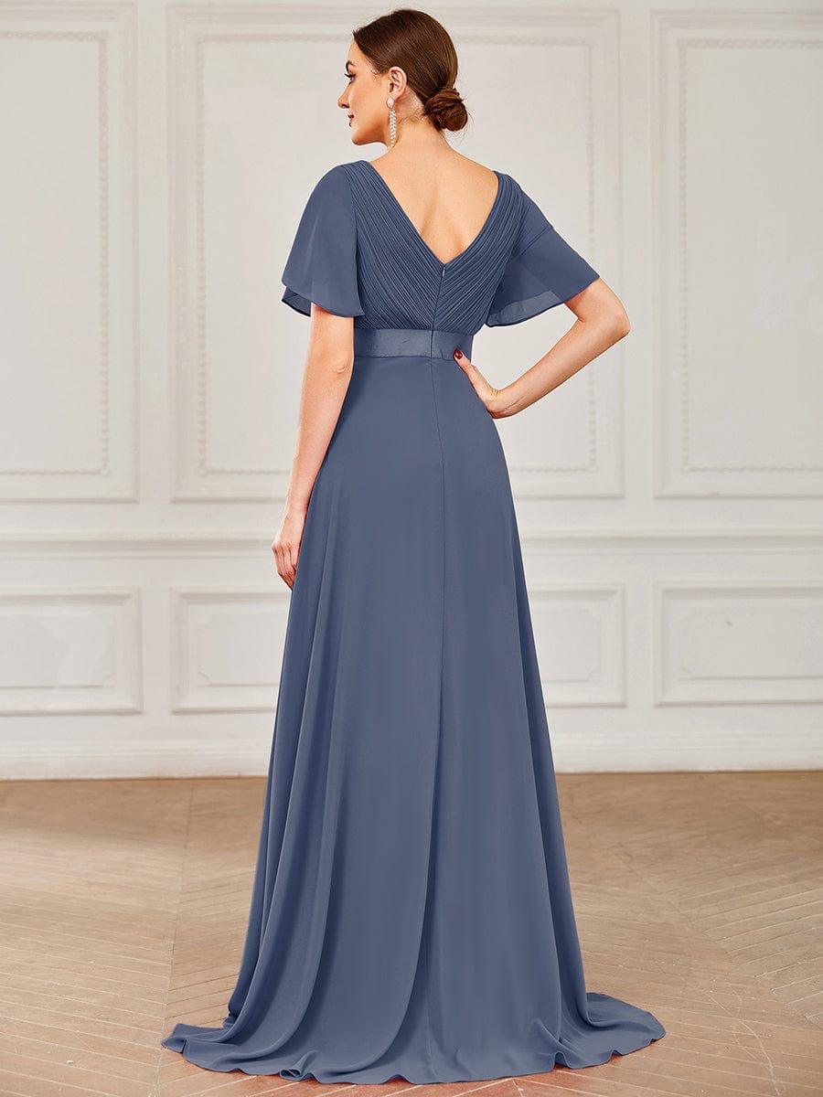 Long Empire Waist Evening Dress with Short Flutter Sleeves #color_Stormy
