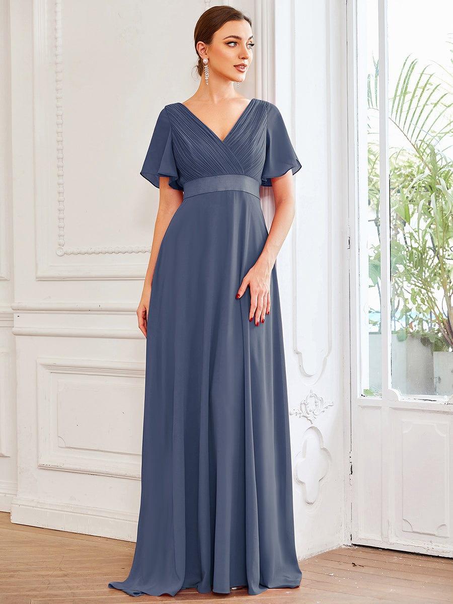 Long Chiffon Empire Waist Bridesmaid Dress with Short Flutter Sleeves #color_Stormy