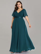 Plus Size Long Empire Waist Evening Dress With Short Flutter Sleeves #color_Teal