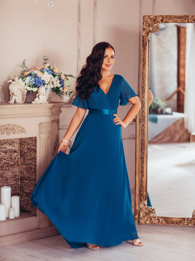 ever MONICA|Long Chiffon Empire Waist Bridesmaid Dress with Short Flutter Sleeves Fan Photos 22
