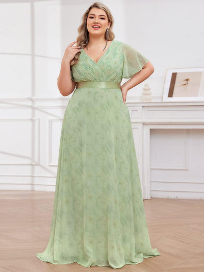 Plus Size Long Empire Waist Evening Dress With Short Flutter Sleeves #color_Light Green Roses