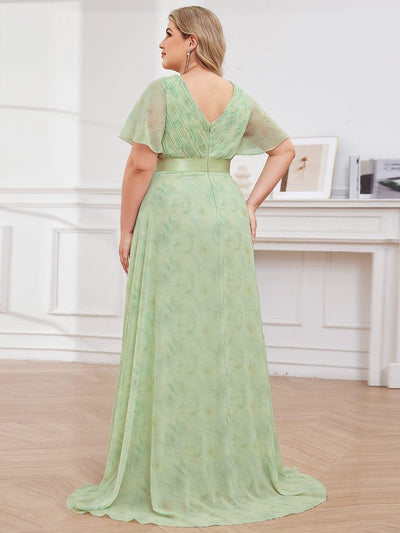 Plus Size Long Empire Waist Evening Dress With Short Flutter Sleeves #color_Light Green Roses