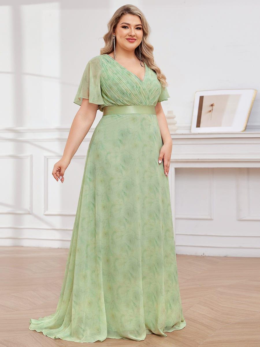 Plus Size Long Empire Waist Evening Dress With Short Flutter Sleeves #color_Light Green Roses