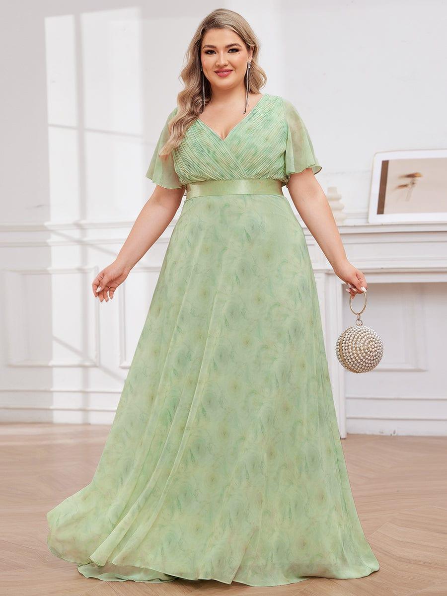 Plus Size Long Empire Waist Evening Dress With Short Flutter Sleeves #color_Light Green Roses