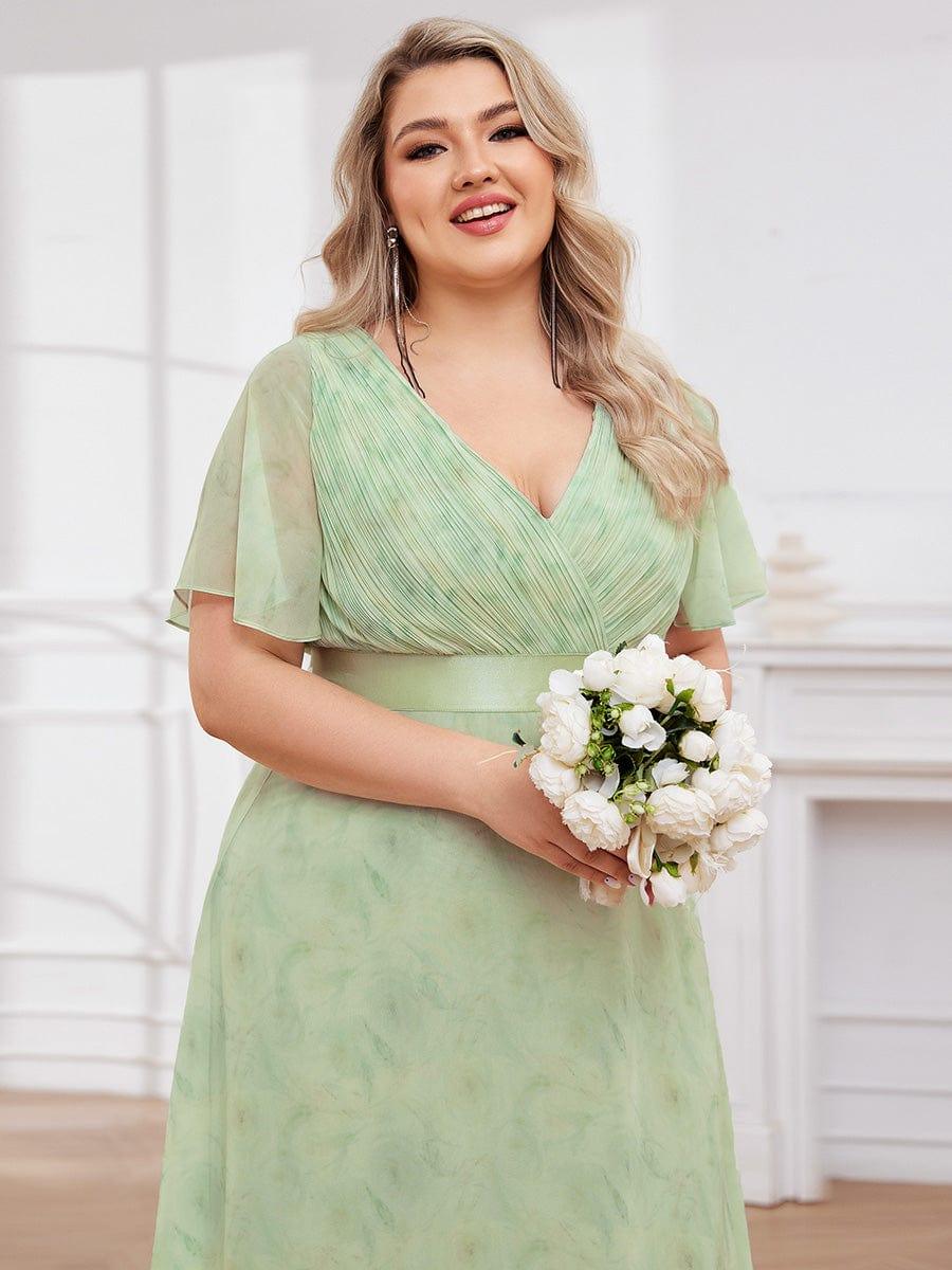 Plus Size Long Empire Waist Evening Dress With Short Flutter Sleeves #color_Light Green Roses