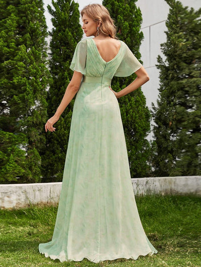 Long Empire Waist Evening Dress with Short Flutter Sleeves #color_Light Green Roses