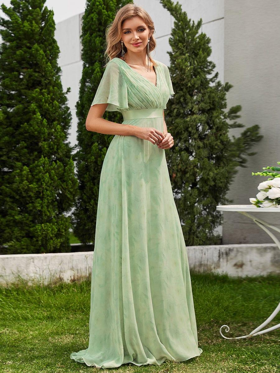 Long Chiffon Empire Waist Bridesmaid Dress with Short Flutter Sleeves #color_Light Green Roses