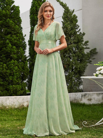 Long Empire Waist Evening Dress with Short Flutter Sleeves #color_Light Green Roses