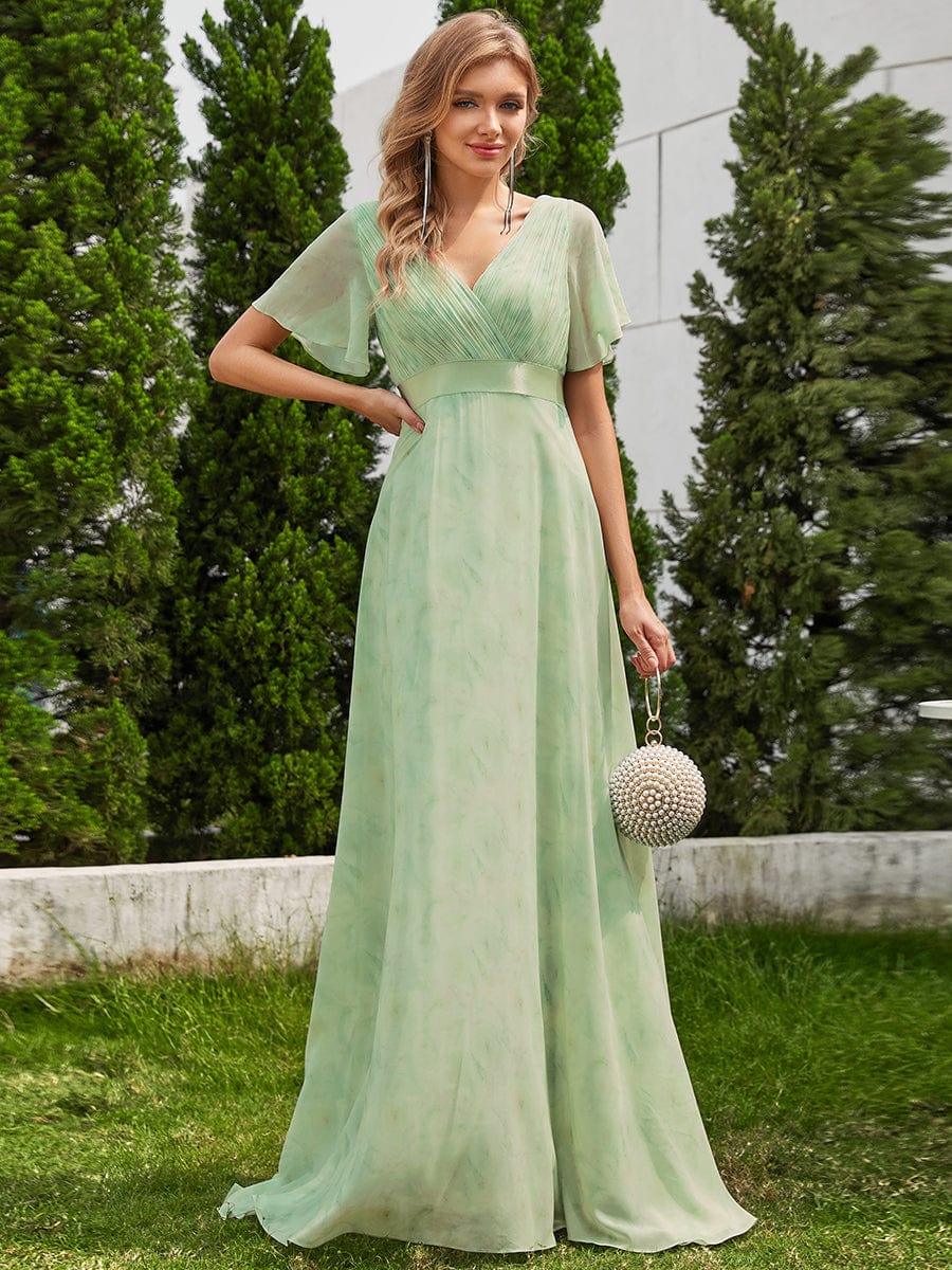 Long Chiffon Empire Waist Bridesmaid Dress with Short Flutter Sleeves #color_Light Green Roses