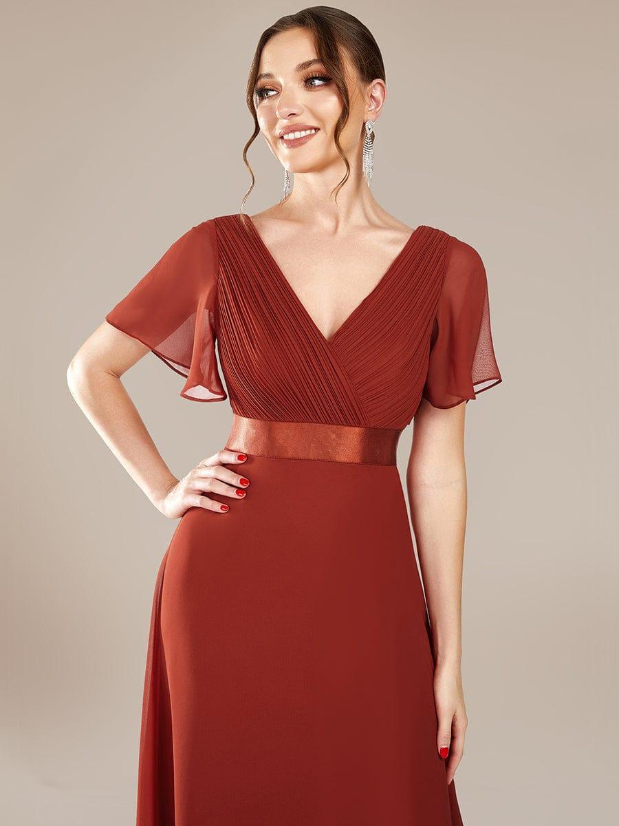Long Chiffon Empire Waist Bridesmaid Dress with Short Flutter Sleeves #color_Vermilion