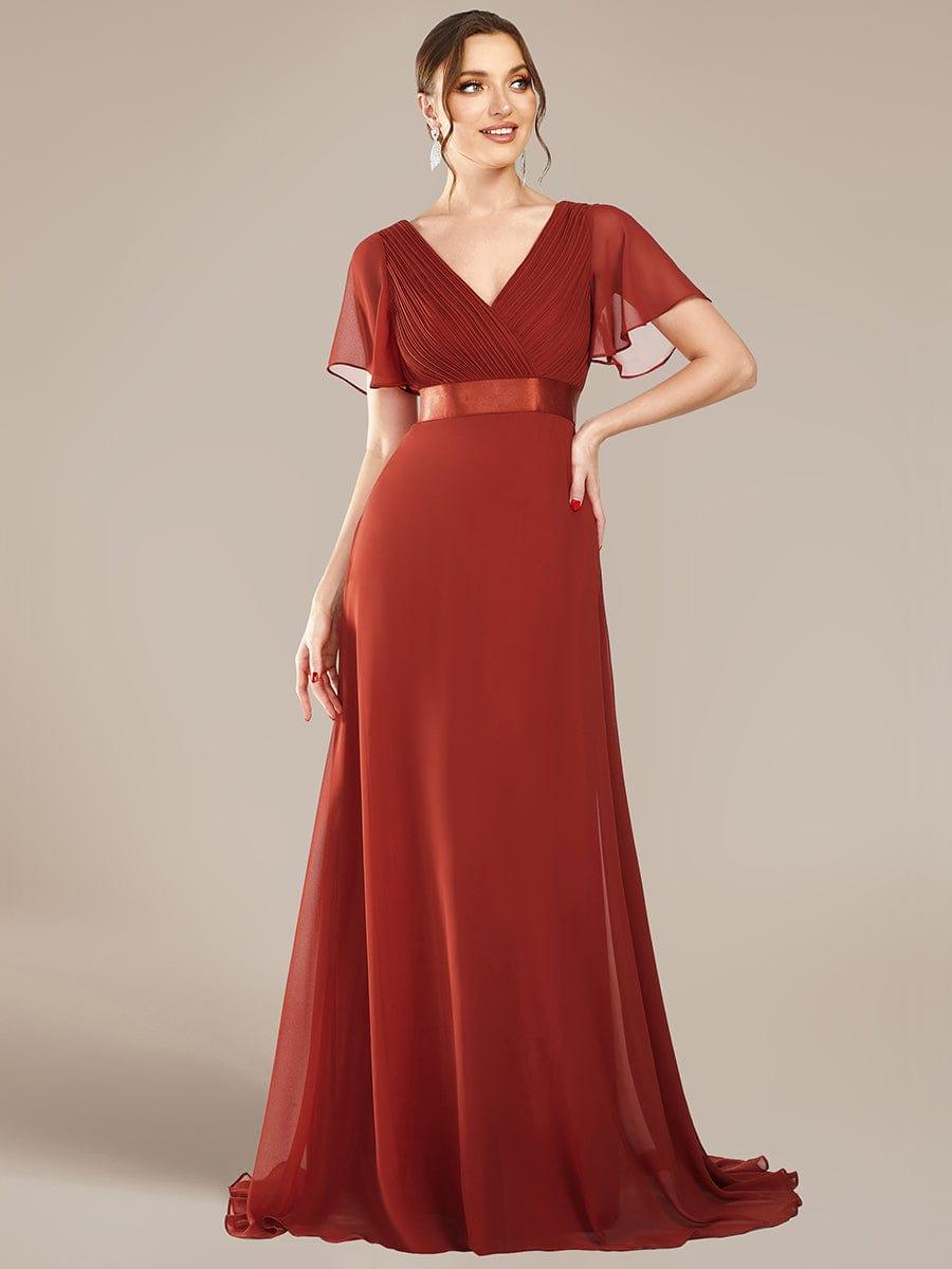 Long Chiffon Empire Waist Bridesmaid Dress with Short Flutter Sleeves #color_Vermilion