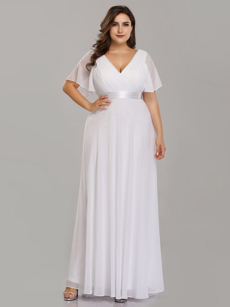 Plus Size Long Empire Waist Evening Dress With Short Flutter Sleeves #color_White
