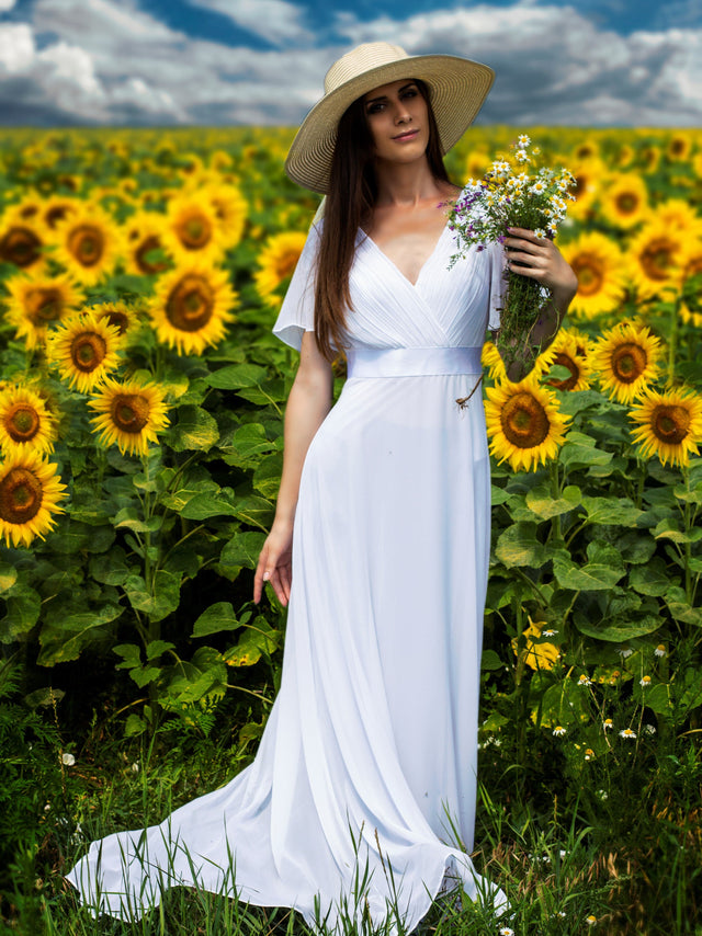 ever MONICA|Long Chiffon Empire Waist Bridesmaid Dress with Short Flutter Sleeves Fan Photos 18
