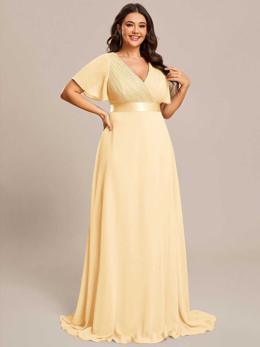 Plus Size Simple Empire Waist Flutter Sleeve Evening Dress #color_Yellow