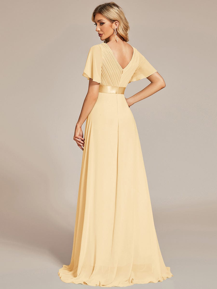 Long Empire Waist Evening Dress with Short Flutter Sleeves #color_Yellow