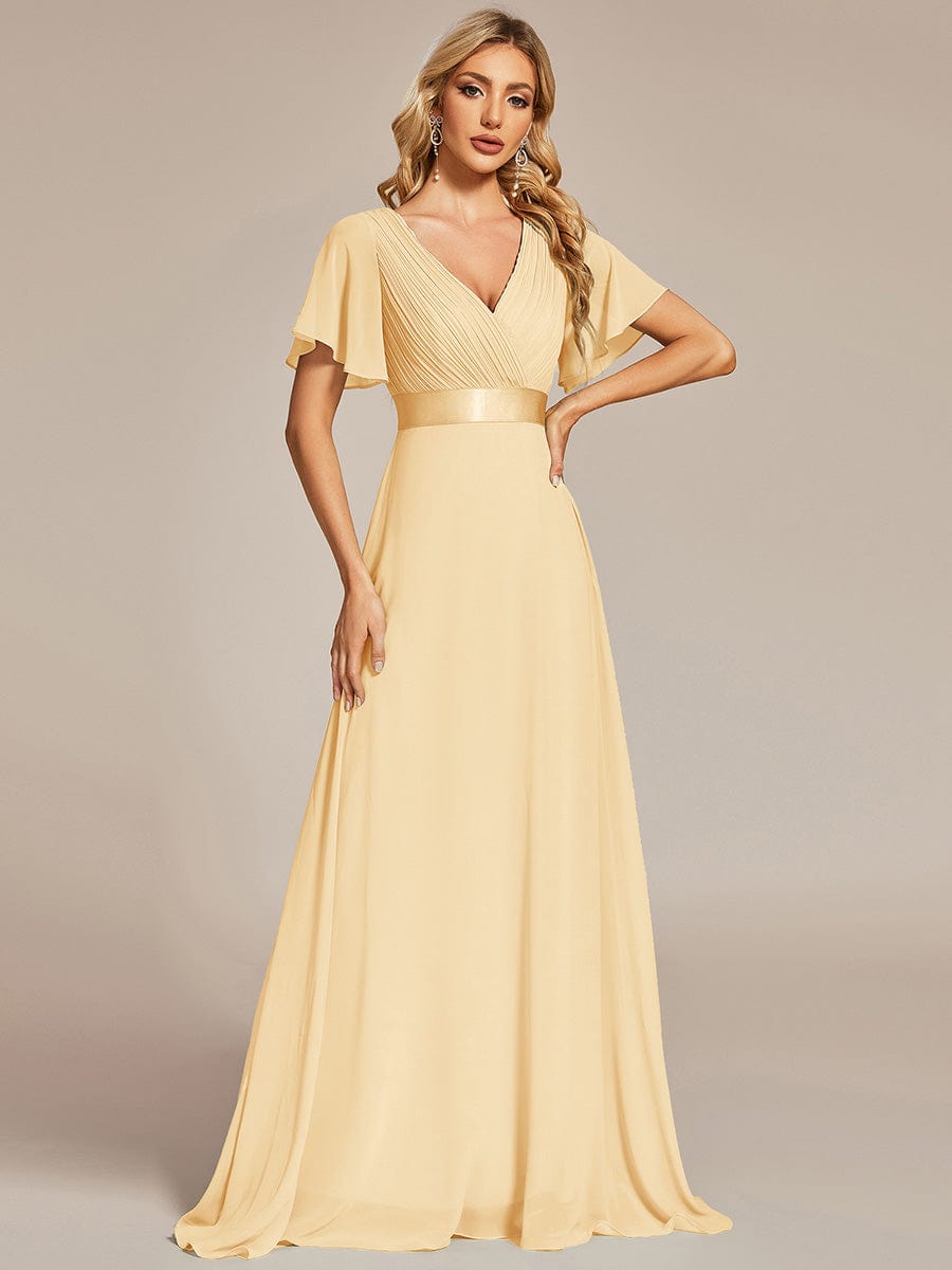 Long Chiffon Empire Waist Bridesmaid Dress with Short Flutter Sleeves #color_Yellow